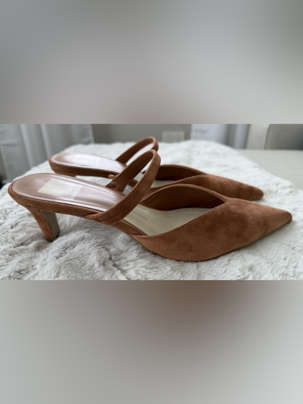 Dolce Vita Cognac Suede Pointed-Toe Heeled Mules with Strap - Picture 3 of 8